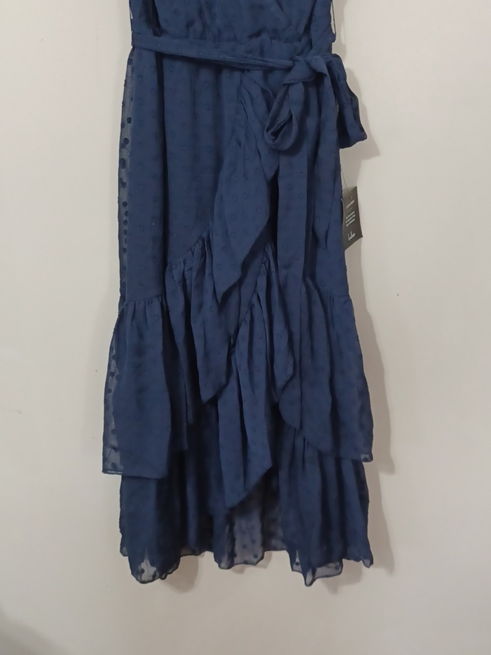 Lulu's Navy Blue Have Harmony Swiss Dot Ruffles Wrap Midi Dress . NWT. Size S - Picture 5 of 13